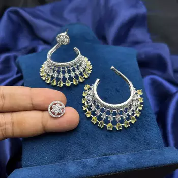 Yellow Chandelier Earrings, Silver CZ Jhumka, Modern Indo-Western Bridal Jewelry 2