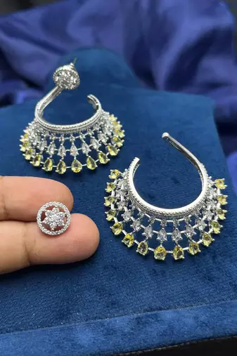Yellow Chandelier Earrings, Silver CZ Jhumka, Modern Indo-Western Bridal Jewelry