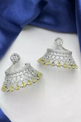 Yellow Chandelier Earrings, Silver CZ Jhumka, Modern Indo-Western Bridal Jewelry