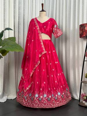 Premium Hot Pink Embroidered Lehenga Choli with Floral Border & Designer Dupatta | Party Wear for Women 1