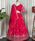 Premium Hot Pink Embroidered Lehenga Choli with Floral Border & Designer Dupatta | Party Wear for Women