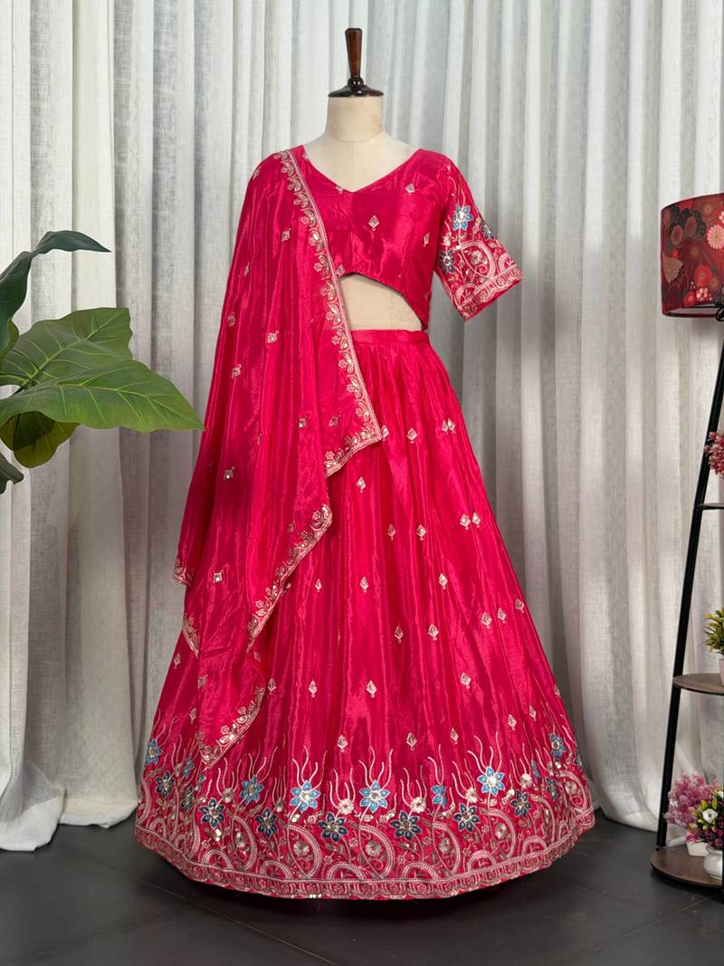 Premium Hot Pink Embroidered Lehenga Choli with Floral Border & Designer Dupatta | Party Wear for Women