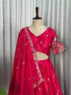 Premium Hot Pink Embroidered Lehenga Choli with Floral Border & Designer Dupatta | Party Wear for Women 2