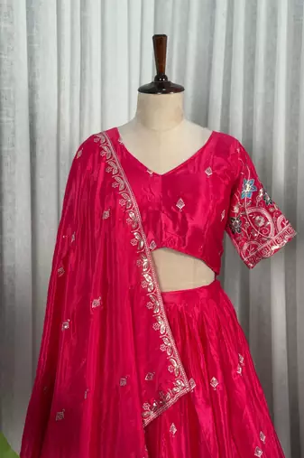 Premium Hot Pink Embroidered Lehenga Choli with Floral Border & Designer Dupatta | Party Wear for Women