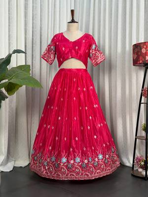 Premium Hot Pink Embroidered Lehenga Choli with Floral Border & Designer Dupatta | Party Wear for Women 3