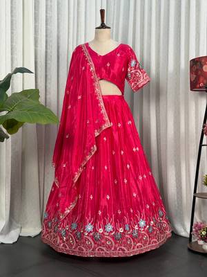 Premium Hot Pink Embroidered Lehenga Choli with Floral Border & Designer Dupatta | Party Wear for Women 4