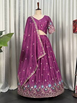 Elegant Wine Purple Embroidered Lehenga Choli with Floral Border & Designer Dupatta | Party Wear for Women 1