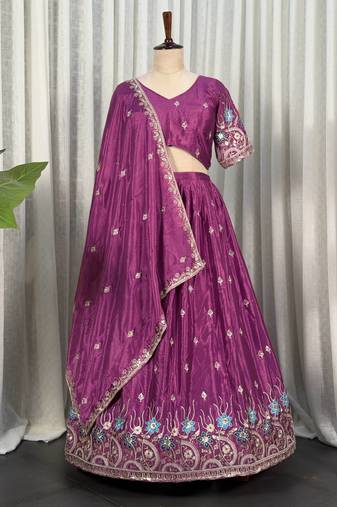 Elegant Wine Purple Embroidered Lehenga Choli with Floral Border & Designer Dupatta | Party Wear for Women