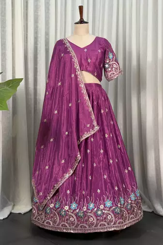 Elegant Wine Purple Embroidered Lehenga Choli with Floral Border & Designer Dupatta | Party Wear for Women