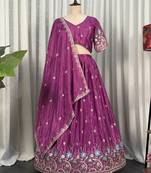 Elegant Wine Purple Embroidered Lehenga Choli with Floral Border & Designer Dupatta | Party Wear for Women