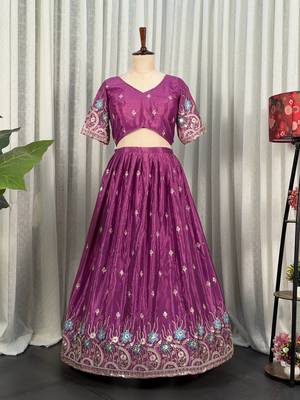 Elegant Wine Purple Embroidered Lehenga Choli with Floral Border & Designer Dupatta | Party Wear for Women 2