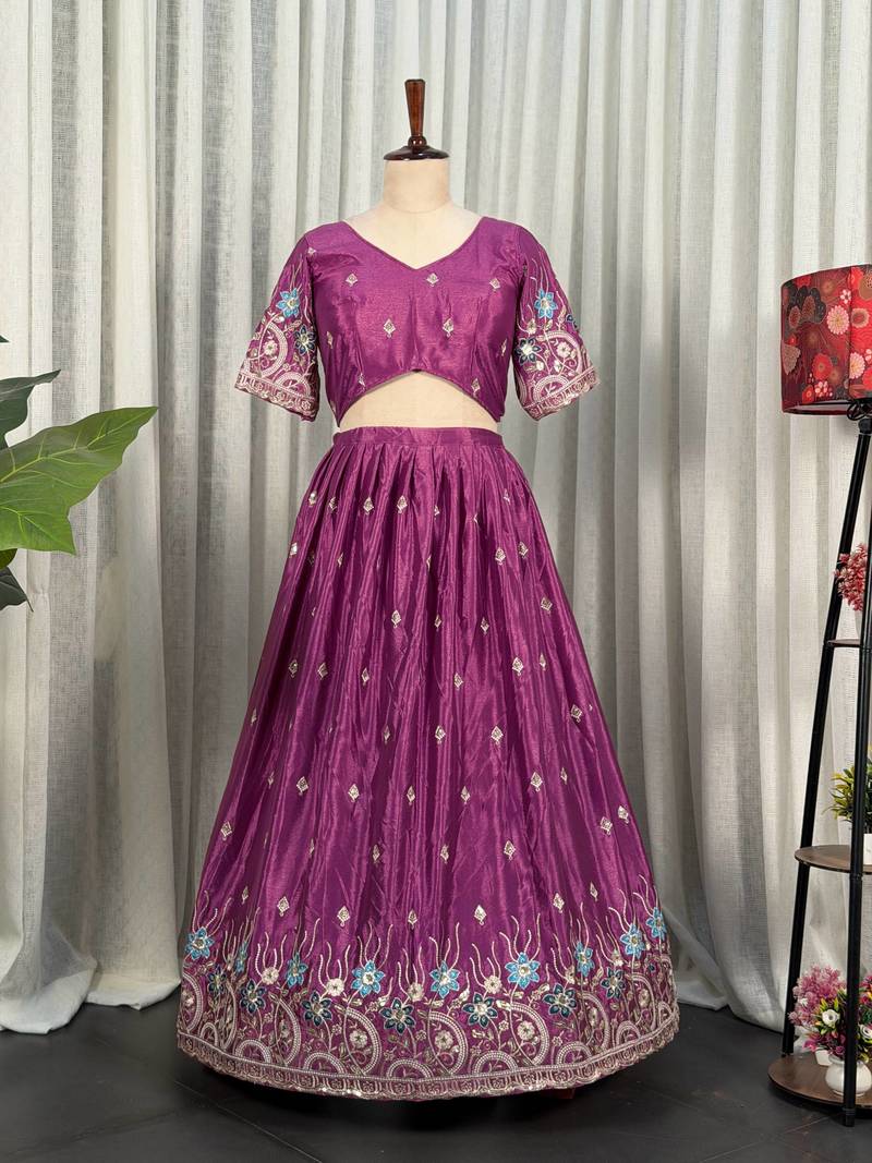 Elegant Wine Purple Embroidered Lehenga Choli with Floral Border & Designer Dupatta | Party Wear for Women