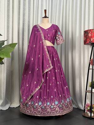 Elegant Wine Purple Embroidered Lehenga Choli with Floral Border & Designer Dupatta | Party Wear for Women 4