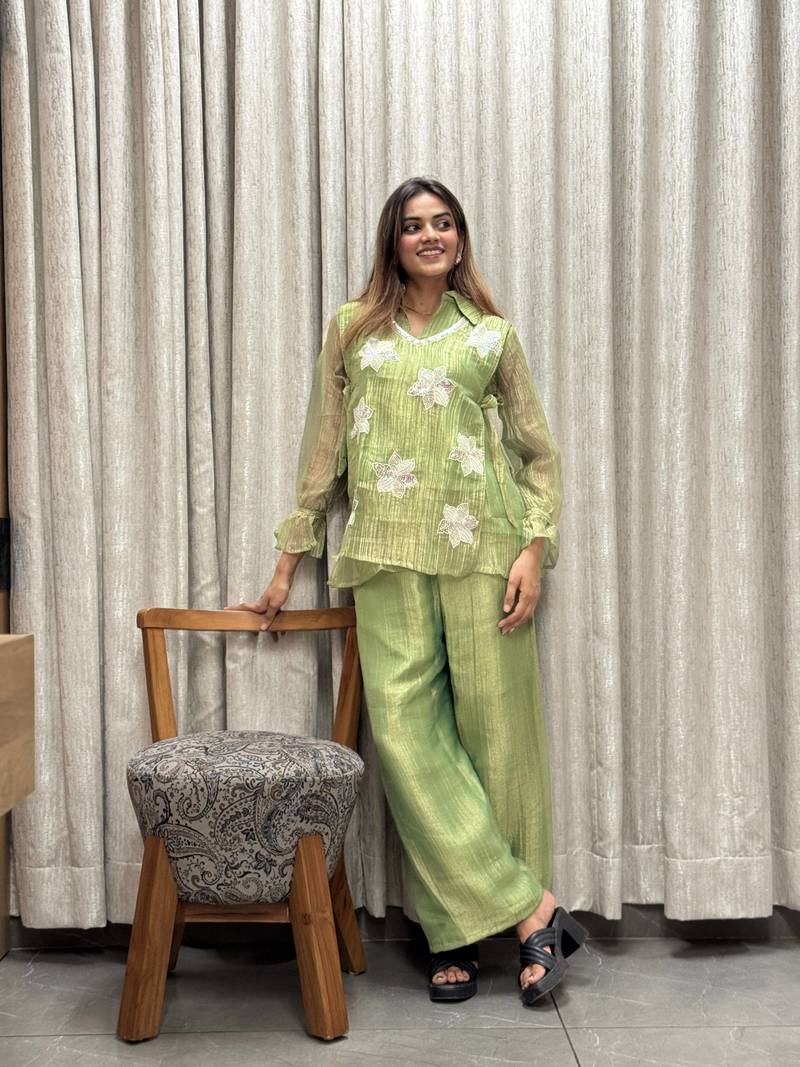 elegant green embroidered kurti palazzo set with floral detailing   premium ethnic wear for