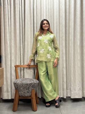 elegant green embroidered kurti palazzo set with floral detailing   premium ethnic wear for 1