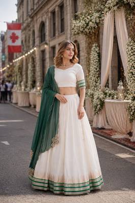D Green&White Viscose Semi Stitched Lehenga Choli with Zari Temple Weaving Work 2