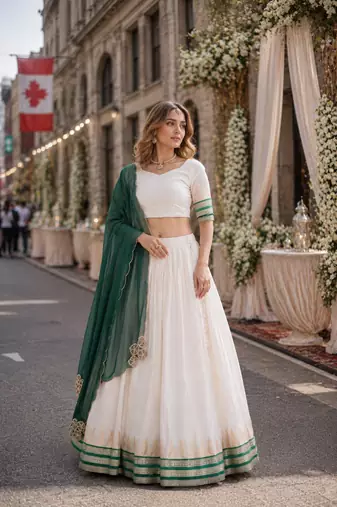 D Green&White Viscose Semi Stitched Lehenga Choli with Zari Temple Weaving Work