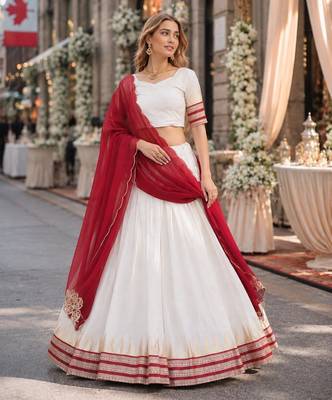 Maroon&White Viscose Semi Stitched Lehenga Choli with Zari Temple Weaving Work 2