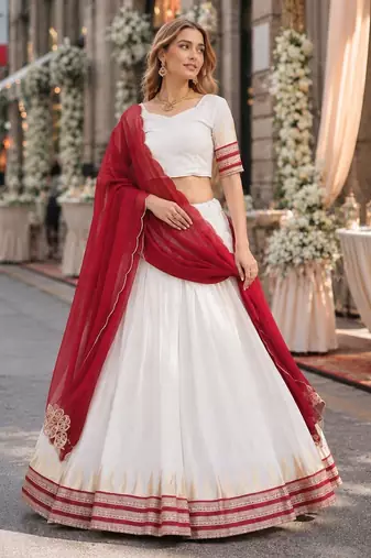 Maroon&White Viscose Semi Stitched Lehenga Choli with Zari Temple Weaving Work