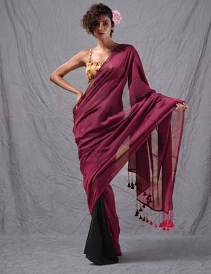 magenta black half n half cotton blend handspun soft saree with pompom 1