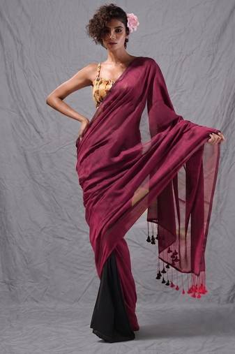 magenta black half n half cotton blend handspun soft saree with pompom