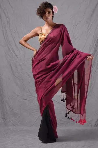 magenta black half n half cotton blend handspun soft saree with pompom