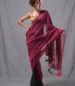 magenta black half n half cotton blend handspun soft saree with pompom