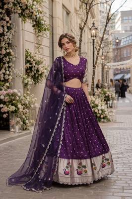 Wine Dola Silk Semi Stitched Lehenga Choli with Meena Weaving & Sequins Coding Work 1
