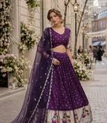 Wine Dola Silk Semi Stitched Lehenga Choli with Meena Weaving & Sequins Coding Work