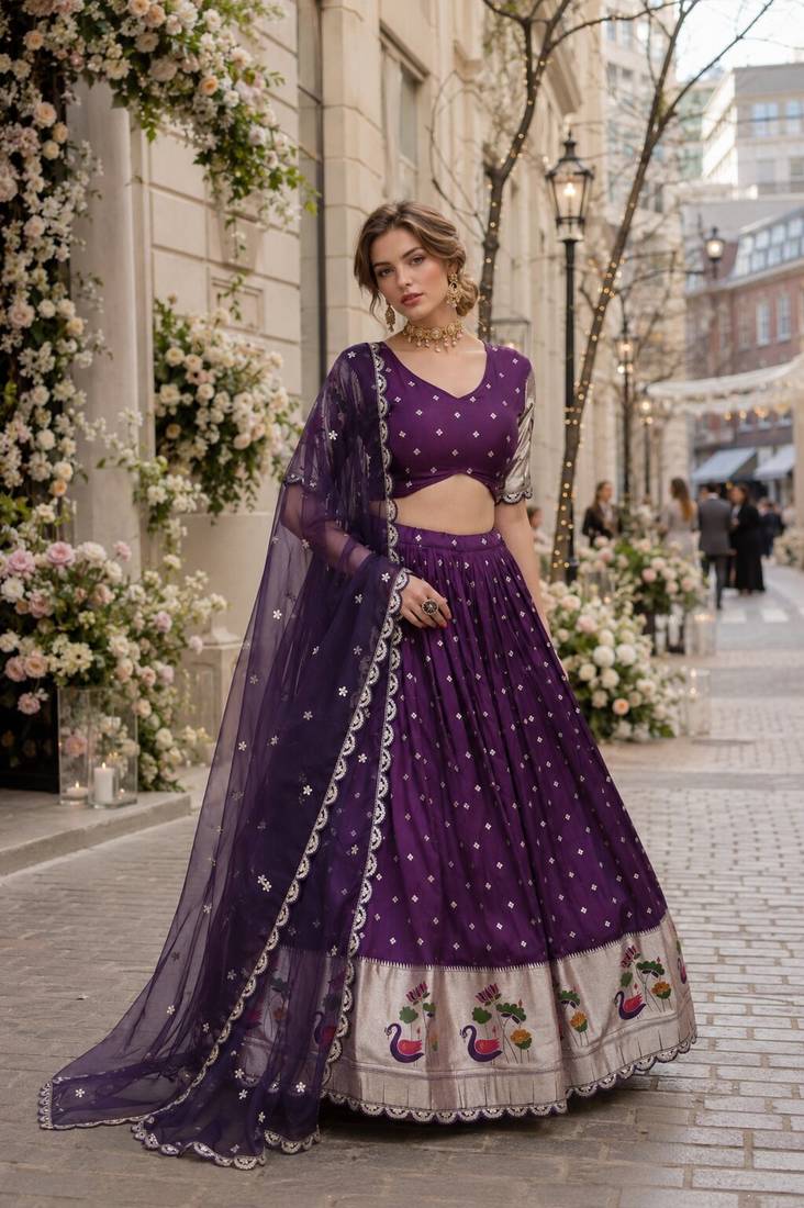 Wine Dola Silk Semi Stitched Lehenga Choli with Meena Weaving & Sequins Coding Work