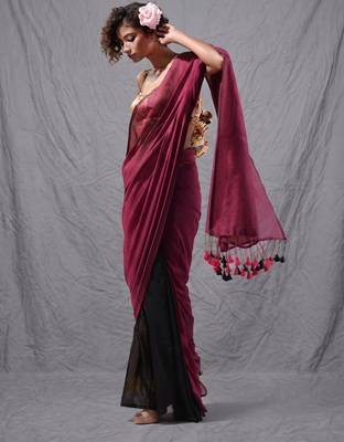 magenta black half n half cotton blend handspun soft saree with pompom 2