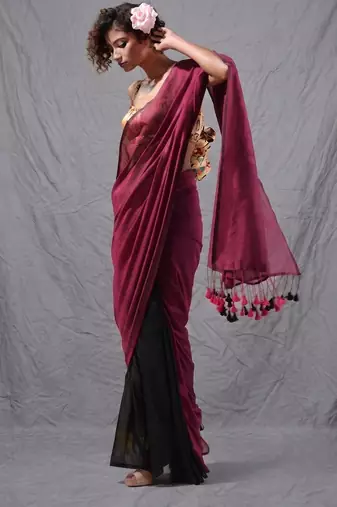 magenta black half n half cotton blend handspun soft saree with pompom