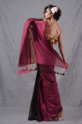 magenta black half n half cotton blend handspun soft saree with pompom