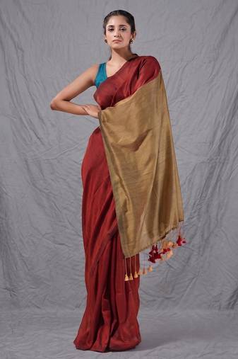 red cotton blend handspun soft saree with contrast beige pallu