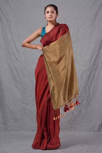 red cotton blend handspun soft saree with contrast beige pallu