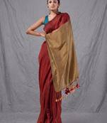 red cotton blend handspun soft saree with contrast beige pallu