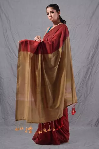 red cotton blend handspun soft saree with contrast beige pallu
