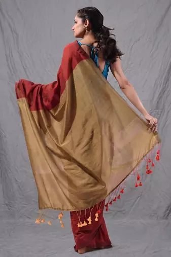 red cotton blend handspun soft saree with contrast beige pallu