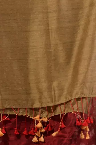 red cotton blend handspun soft saree with contrast beige pallu