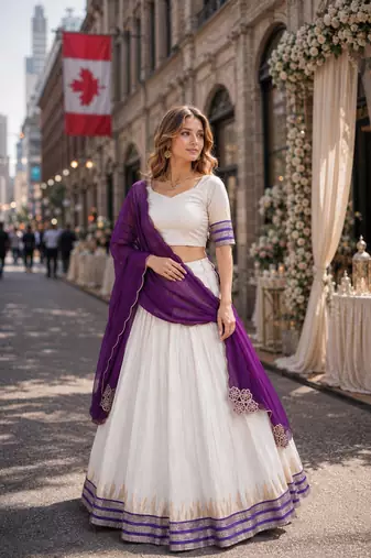Purple&White Viscose Semi Stitched Lehenga Choli with Zari Temple Weaving Work