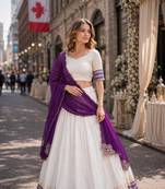 Purple&White Viscose Semi Stitched Lehenga Choli with Zari Temple Weaving Work