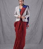 red cotton blend handspun soft saree with contrast blue pallu