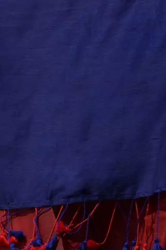 red cotton blend handspun soft saree with contrast blue pallu