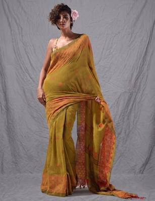 mustard cotton blend handspun soft saree with geometric border 1