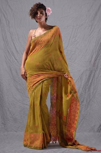 mustard cotton blend handspun soft saree with geometric border