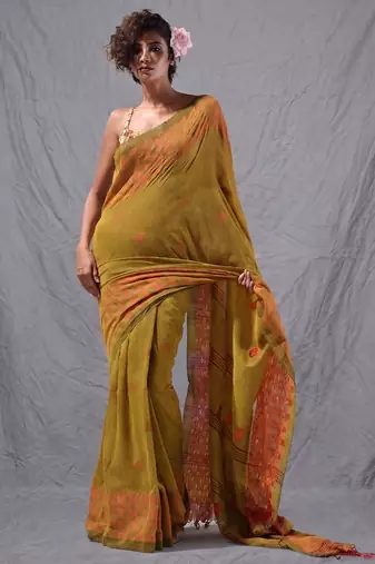 mustard cotton blend handspun soft saree with geometric border