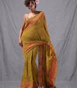 mustard cotton blend handspun soft saree with geometric border