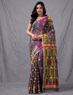 Grey cotton silk handwoven soft jamdani saree 1