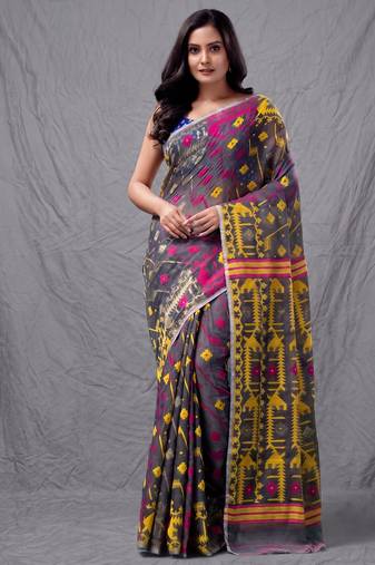 Grey cotton silk handwoven soft jamdani saree