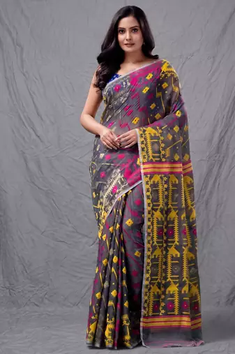 Grey cotton silk handwoven soft jamdani saree
